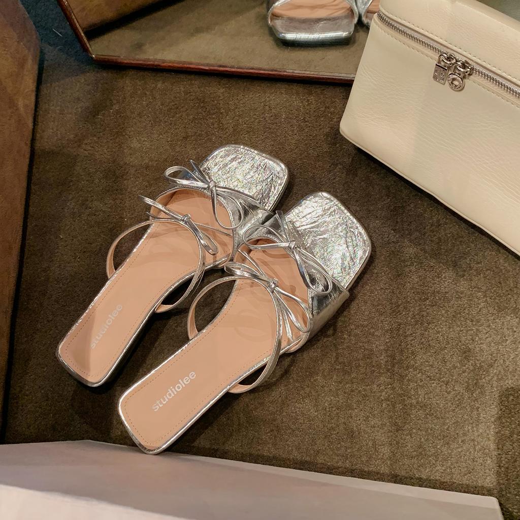 Grape mother has the same temperament square head double bow with versatile sandals women's summer French casual low-heeled slippers