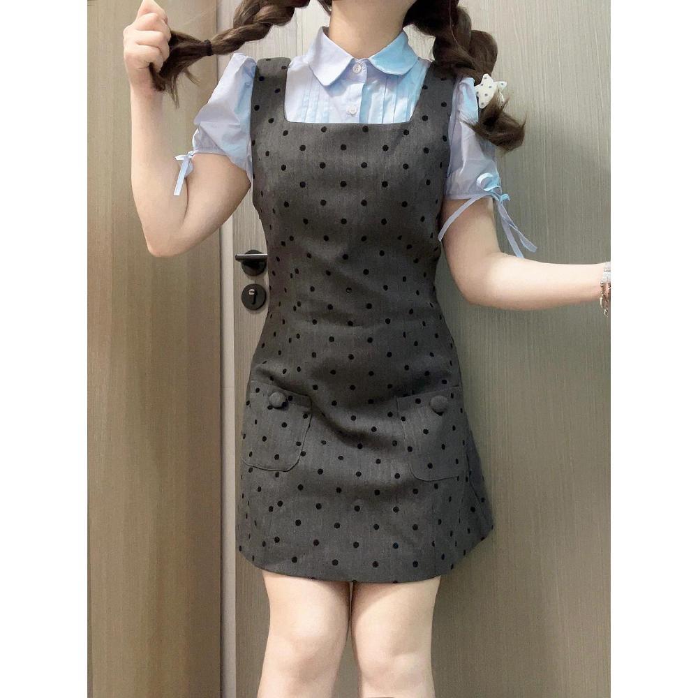Преппи костюм платье-майка в горошек маленькое платье женская новая летняя с коротким рукавом на бретельках рубашка