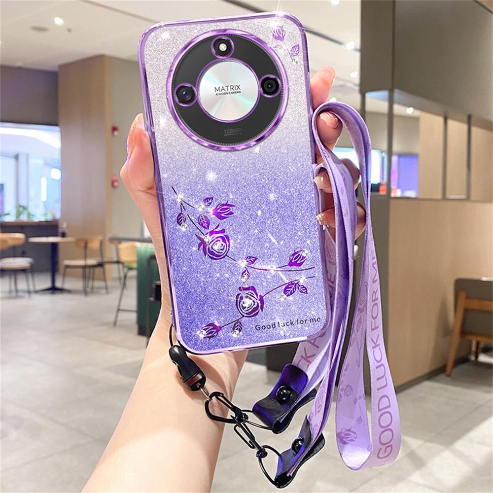 For Honor X60 5G Case Flower Pattern TPU Gradient Phone Cover with Lanyards