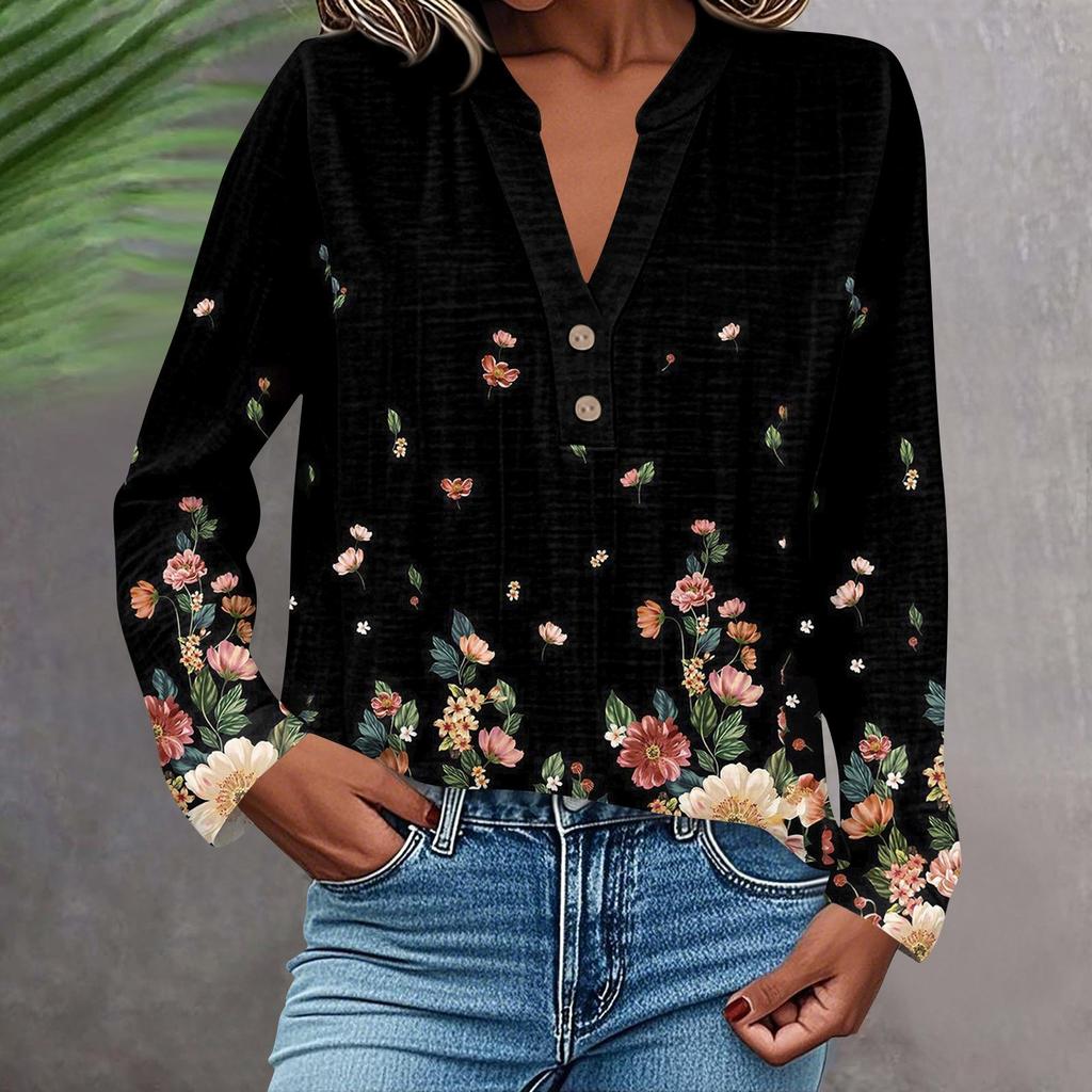 Женская модная и повседневная рубашка с длинным рукавом, V-образным вырезом, на пуговицах, с принтом, блузка, топ
