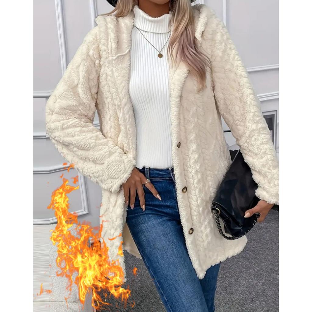 Hooded Solid Color Cardigan Button Up Long Sleeved Casual Fleece Jacket