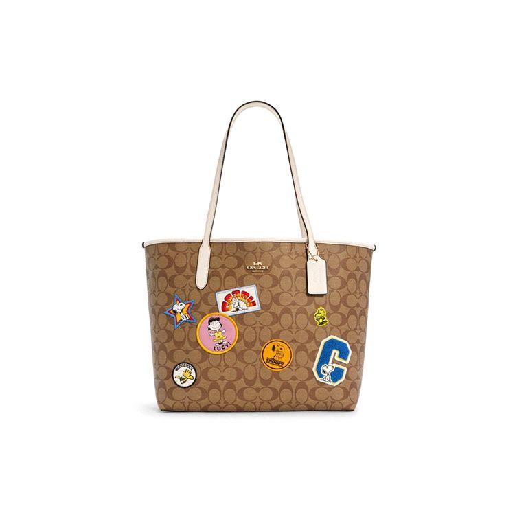 Coach X Snoopy City 33 Classic Monogram Faux Leather Tote Bag Women tote Khaki C4292-IME7V