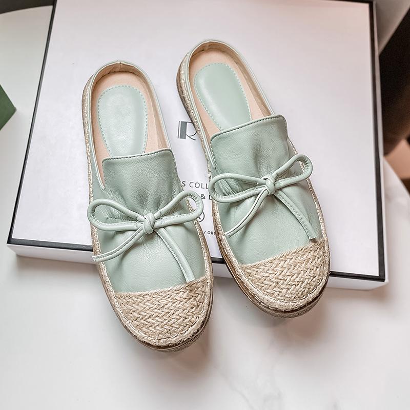 Fashion Round Toe Bowtie Leather Slippers Women Desinger Straw Fisherman Shoes Outdoor Flats Slides Soft Bottom Mules Women Flip Flops