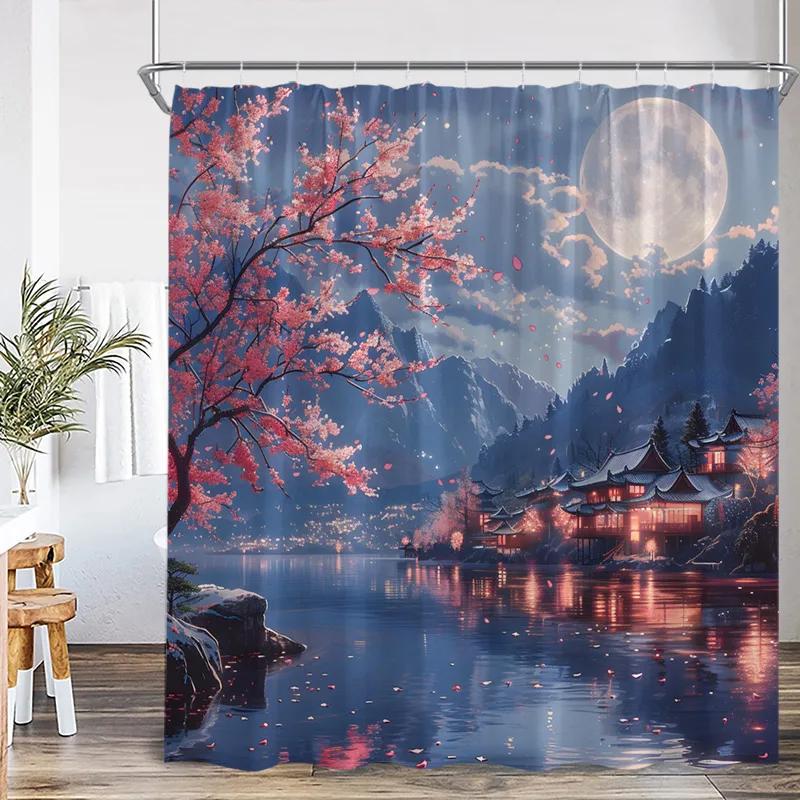 Japanese Landscape Shower Curtains Pink Cherry Blossom Mountain Lake Night Scenery Polyester Fabric Home Bathroom Curtain Decor
