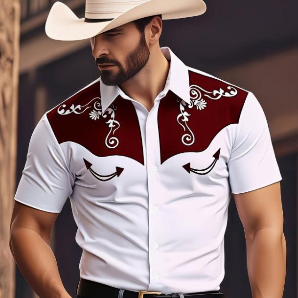 Men's short-sleeved cardigan lapel Hawaiian shirt micro-elastic 1D digital printing ethnic style casual