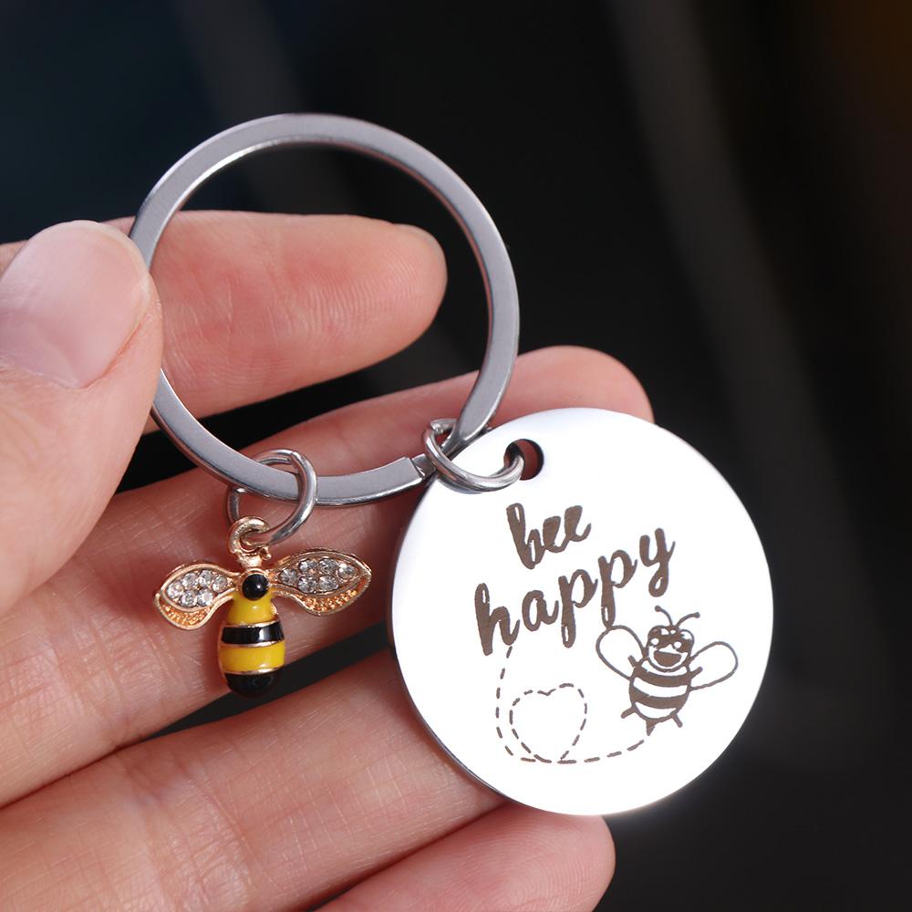 with Letters Stainless Steel Key Ring DIY Letters Round Pendants Bee Happy Key Chain Father