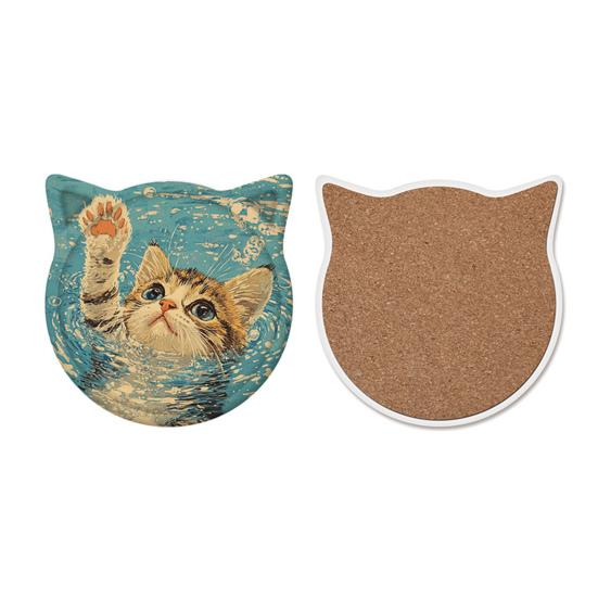 1/6Pcs Cartoon Cat Themed Ceramic Drink Coasters Water Absorbent Fantasy Atmosphere Coasters Home Kitchen Decor