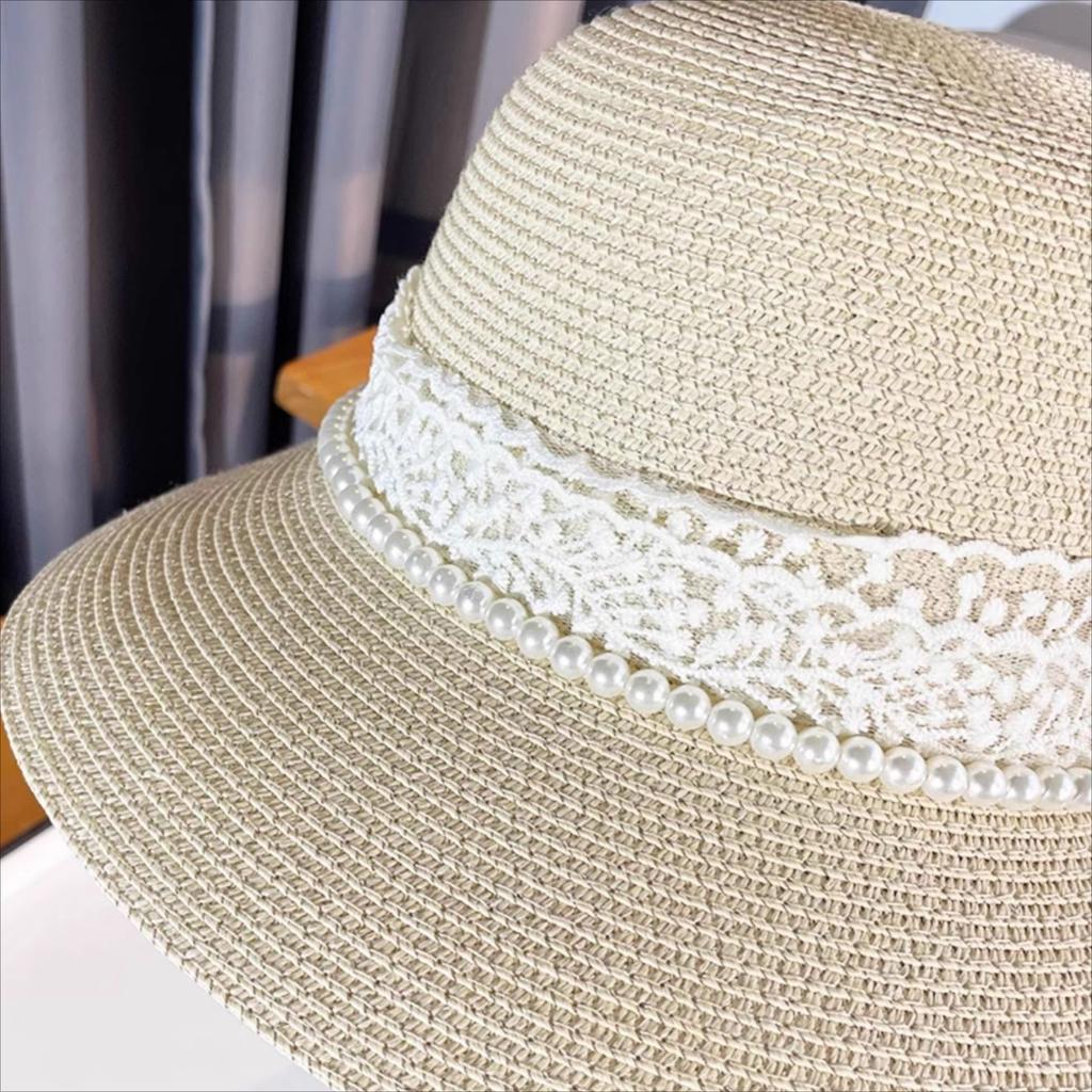 Summer Fashion Lace Bow Beach Travel Sun Hat, 100% Paper Straw Crocheted Flat Top Hat with Buckle Closure, Unisex Sun Protection for Weddings