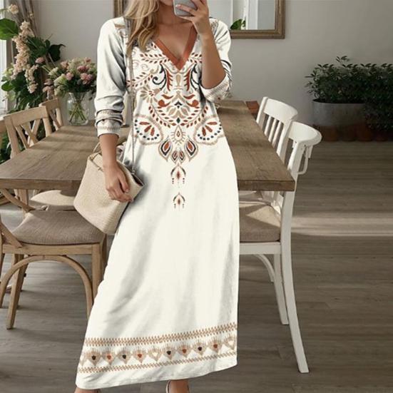 Women Dress Ethnic Style Print V Neck Long Sleeve Bohemian Loose A-line Pullover Soft Ankle