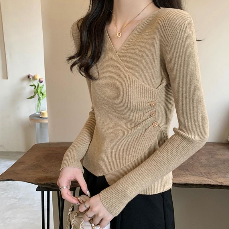 Хаки короткая вязаная базовая рубашка женская осенняя популярная модель свитер высококачественный облегающий топ с длинным рукавом