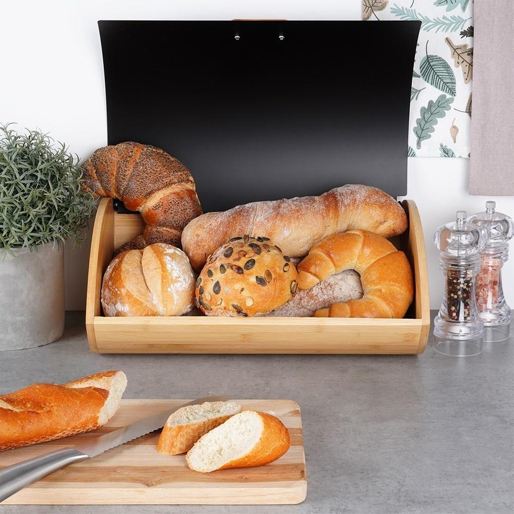 Wooden and metal bread bin, black, 35.5x24.5x15.5 cm