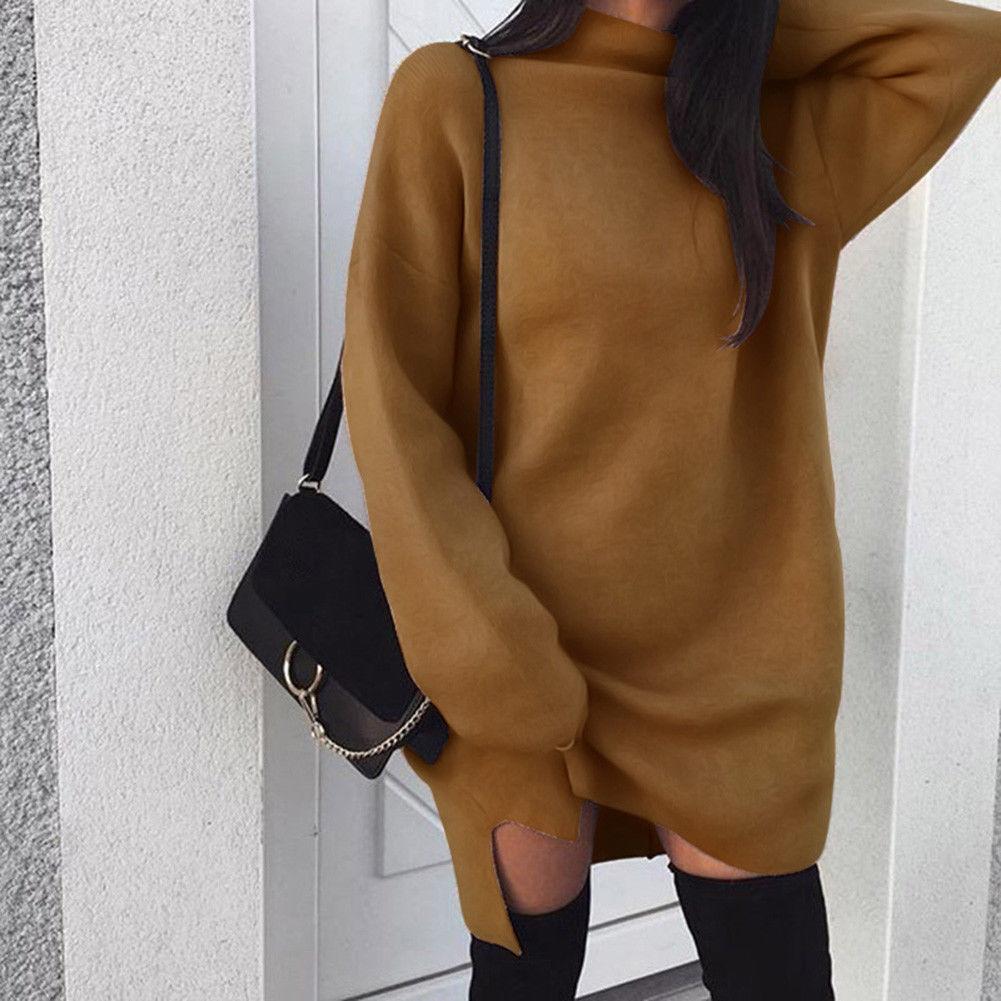 Winter Warm Long Sleeve Women Knitted Slit Sweater Dress  Turtleneck Sweaters  Female Clothes