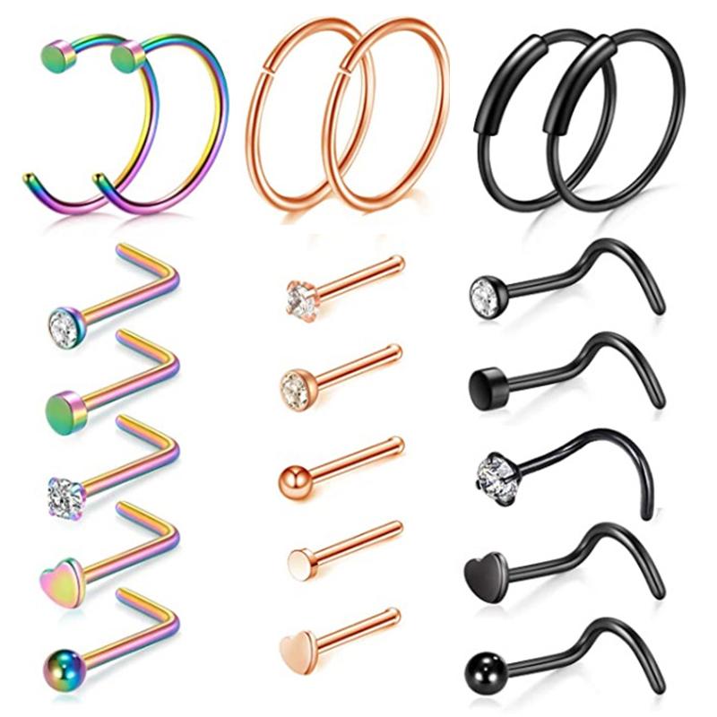 Хороший Горячий Набор Нострил из Нержавеющей Стали Новая Мода Пирсинг Носа Ювелирные Изделия Набор 5 Шт./21 Шт. Квадратный Круглый Сердце