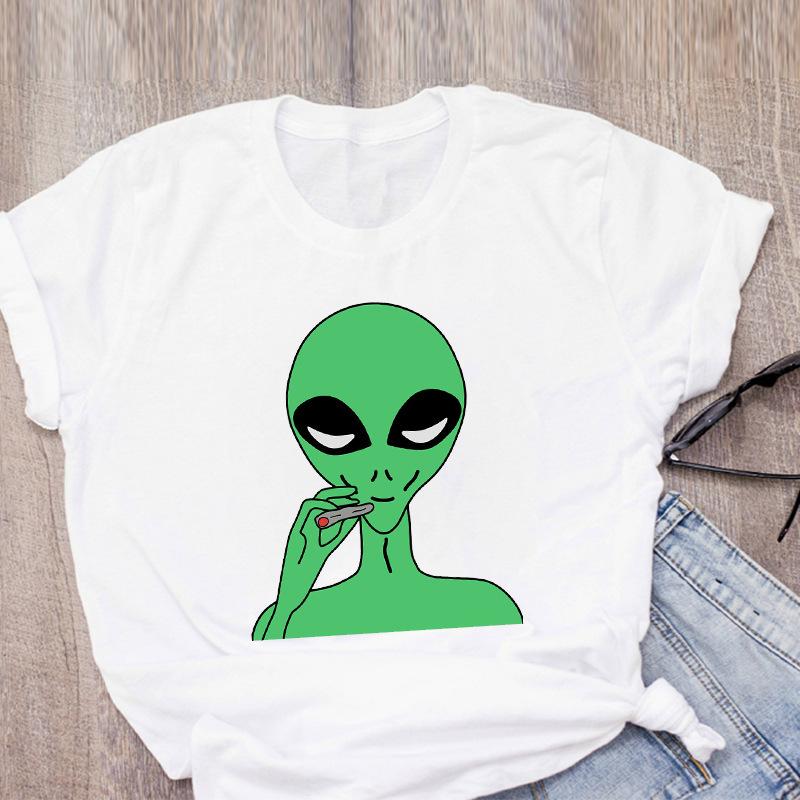 Футболка с принтом в виде мультяшного инопланетянина радужного цвета с коротким рукавом, женская одежда