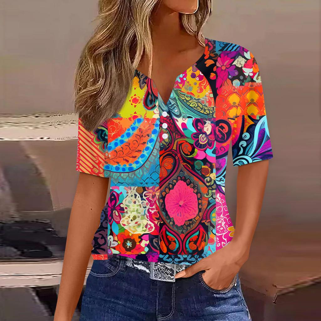 Жен. Футболка С принтом Пуговицы С короткими рукавами Повседневные Выходные Мода Классический Классический V-образный вырез Обычный Топ
