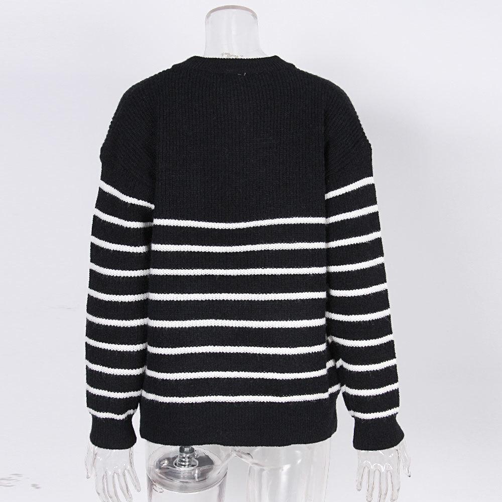 Women's High Neck Sweater: Autumn/Winter Striped Color Block Long Sleeve Zipper Pullover Knitwear