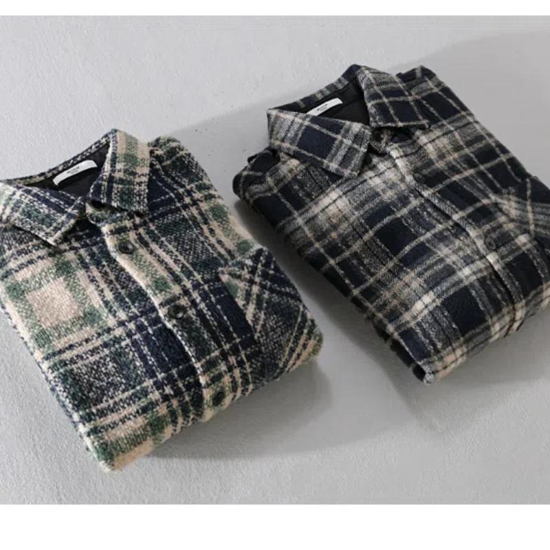 Осенне-зимняя мужская одежда в стиле ретро с длинным рукавом, клетчатая рубашка свободного покроя с карманом, повседневная мужская рубашка