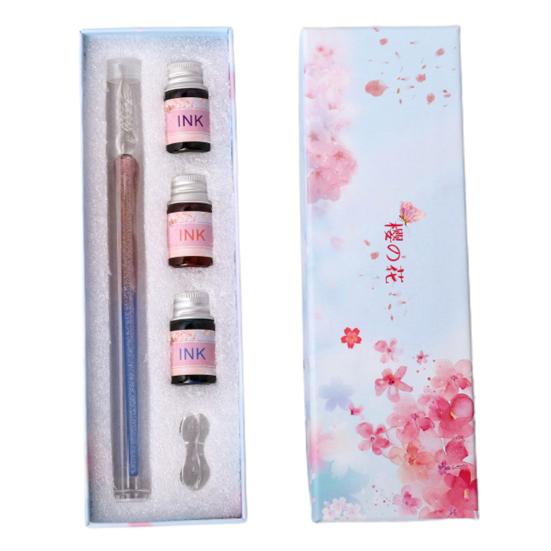 1 комплект, полупрозрачная ручка с цветком вишни, декор с блестками и принтом, стеклянная ручка с чернилами, набор для подарка