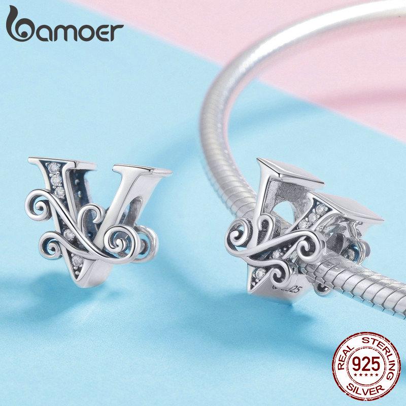 BAMOER Genuine 925 Sterling Silver Letter V Alphabet Beads Charms Fit Charm Bracelets & Bangles DIY
