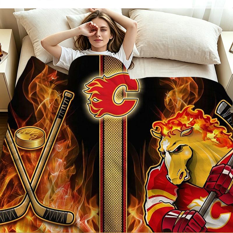 Calgary Flames Logo Print Flannel Blanket High Quality Warm Comfortable Cover for All Seasons Perfect for Gifts Home Decor