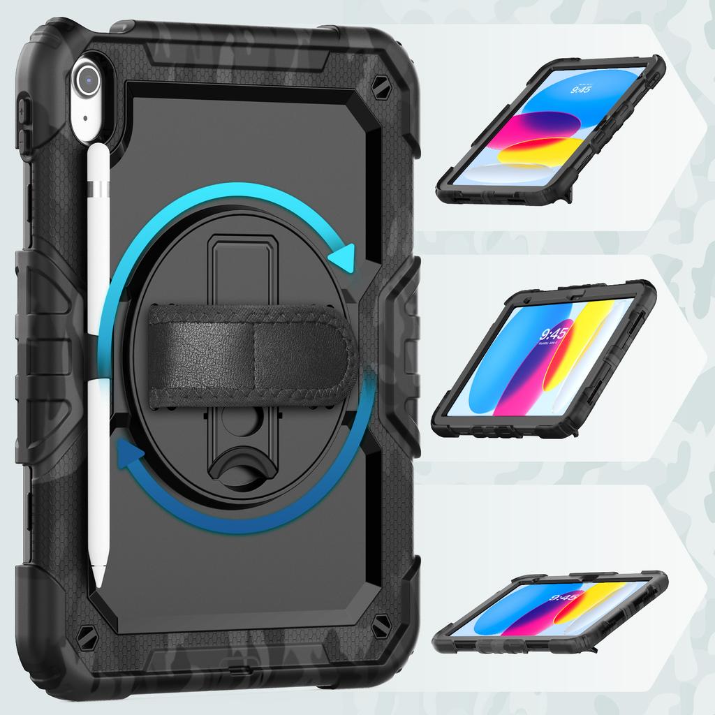 For iPad (2025)/iPad 10.9 (2022) Case Camo Printing PC + Silicone Tablet Cover with PET Film/Shoulder Strap