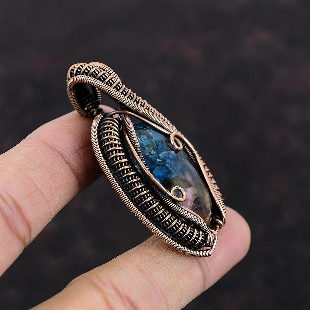 Подвеска с арбузным турмалином, обернутая медной проволокой, кулон ручной работы, оригинальный кулон из драгоценных камней, медная проволока, подарок на помолвку