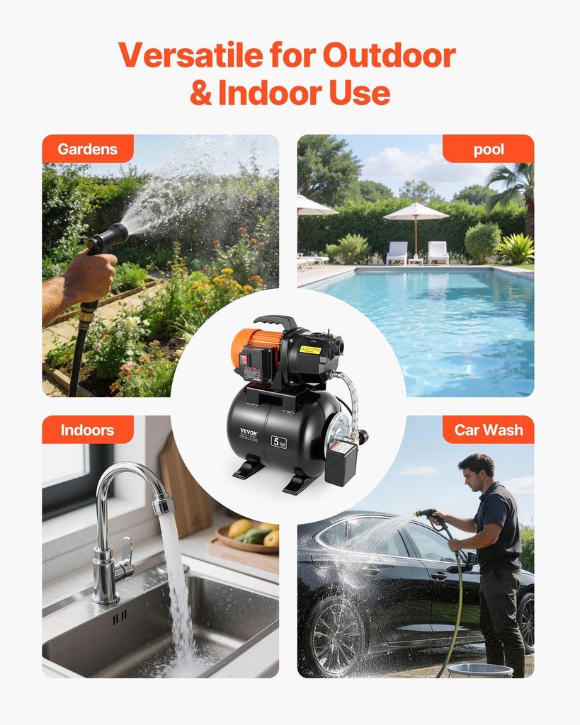 1 HP Shallow Well Pump with Pressure Tank, 230V 3750 LPH, Cast Iron Irrigation Jet Pump with 19 L Tank, Automatic Water Booster Transfer System,