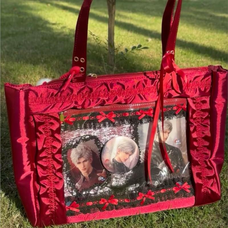 Japanese Sweet Cute Satin Bow Tie Shoulder Bag Women Transparent Badge Anime Ita Bag Ladies Large Capacity Square Handbag 2025