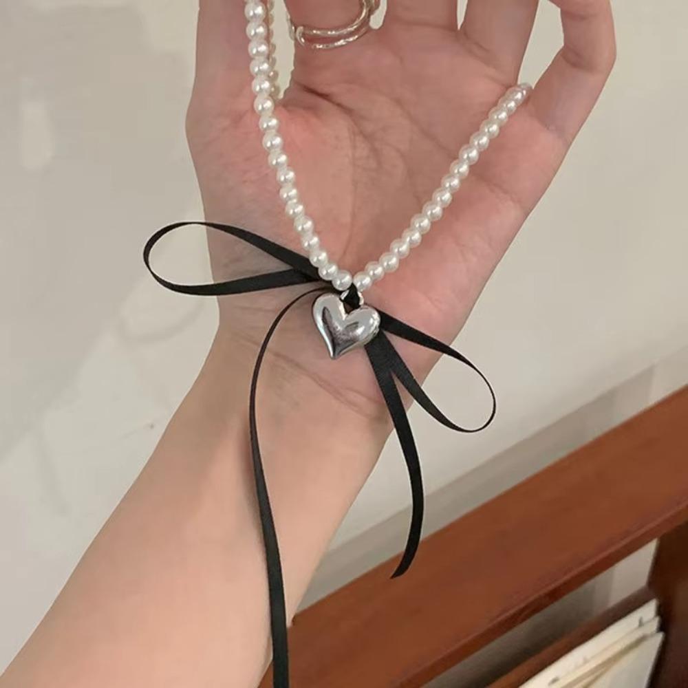 Heart Bow Choker Pearl Clavicle Chain Trend Pendant Necklace  Women