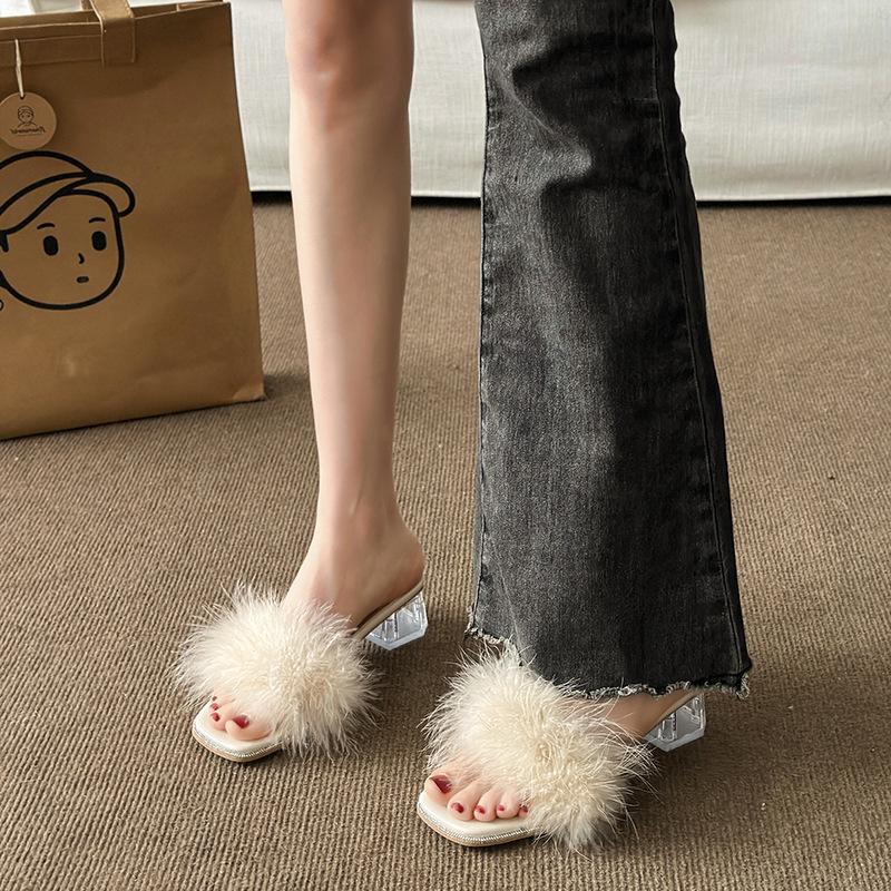 Женские туфли на высоком каблуке 2024 лето новая французская пушистая обувь прозрачные хрустальные туфли толстый каблук квадратный носок слово с сандалиями