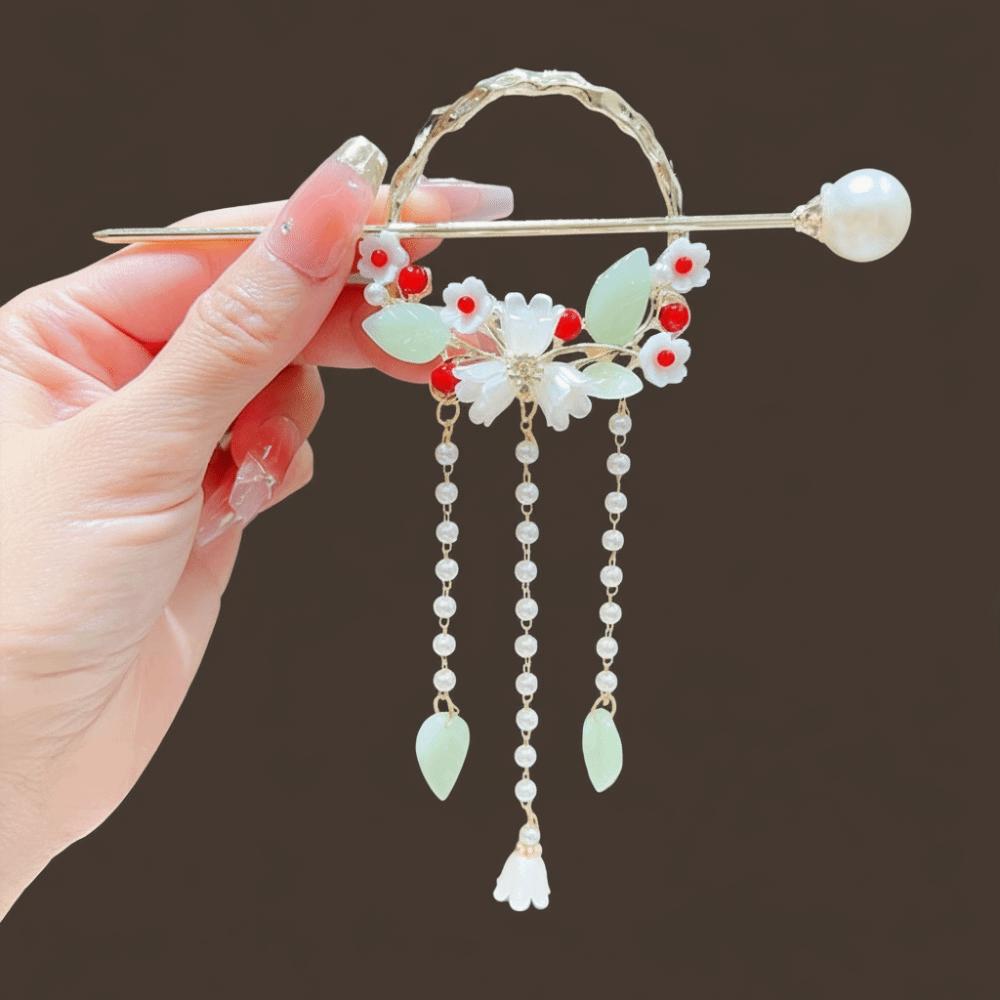 Elegant Hanfu Hairpin Vintage Long Tassels Floral Hair Accessory Flower Design Alloy Material Pearls Hair Sticks Daily Use