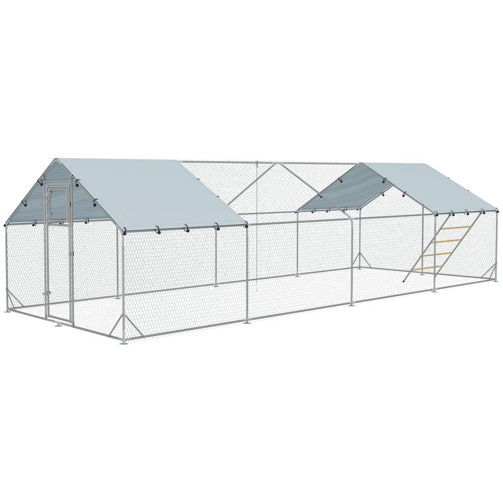 Chicken coop, free-range enclosure for chickens, with UV-resistant tarpaulin, steel mesh, automatic feeder, for 24-30 chickens