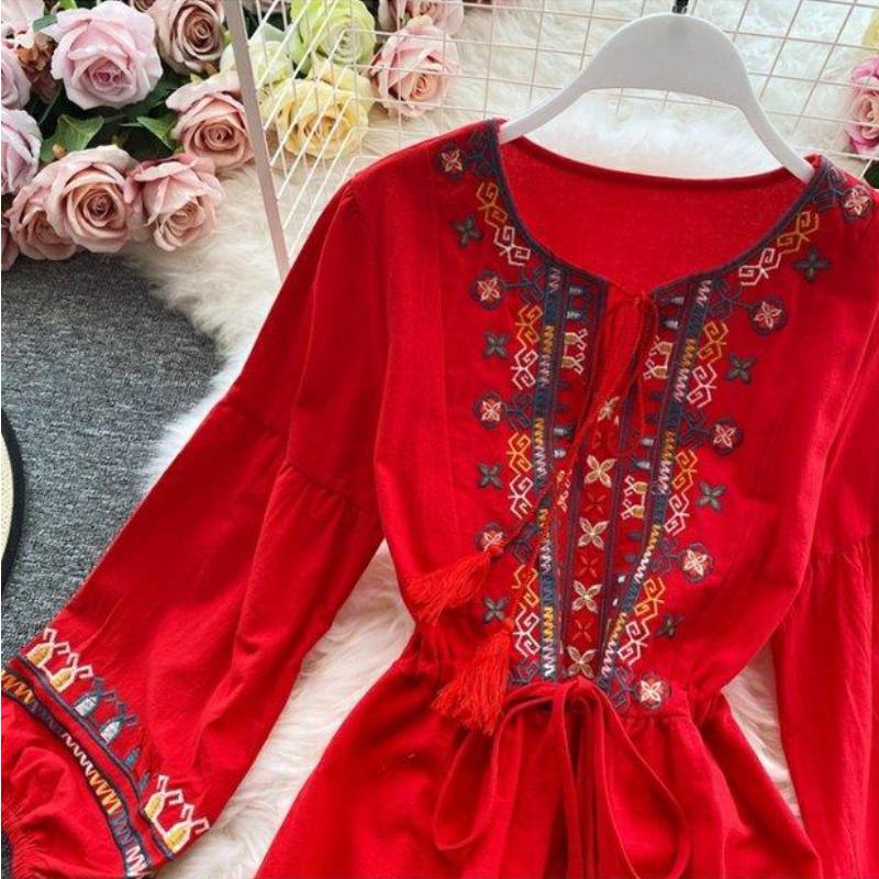 National Style Elegant Beach Vacation Dress Women Embroidery Flower Print Vintage Party Midi Dresses Female Loose Retro Design Casual Clothes