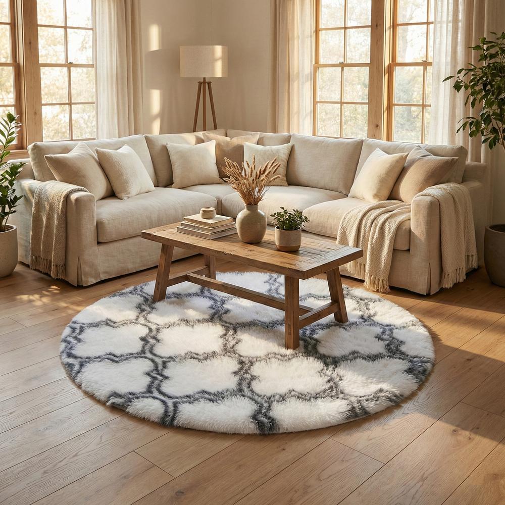 Dywan okrągły do salonu shaggy DECOR antypoślizgowy miękki puszysty 140x140 White Lantern