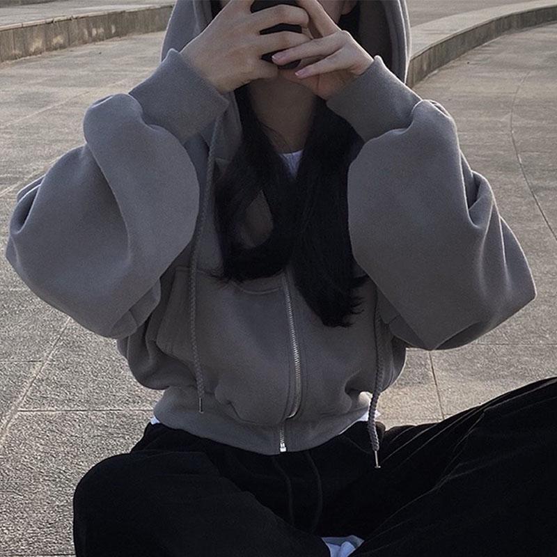 Women Hoodies Jacket Autumn Vintage Solid Color Zip Up Oversized Sweatshirts Harajuku Korean Version Long Sleeve Hooded Jackets Coat