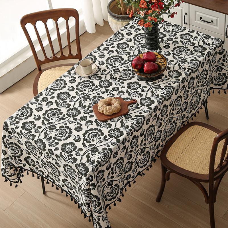 Tablecloth Retro Black Printed Tassel Tablecloth Household Coffee Table Tablecloth Dining Table Fabric