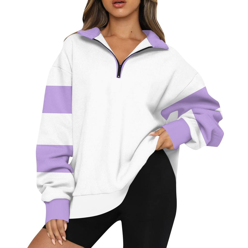 Женская модная толстовка с длинным рукавом и принтом в полоску с отворотом на молнии