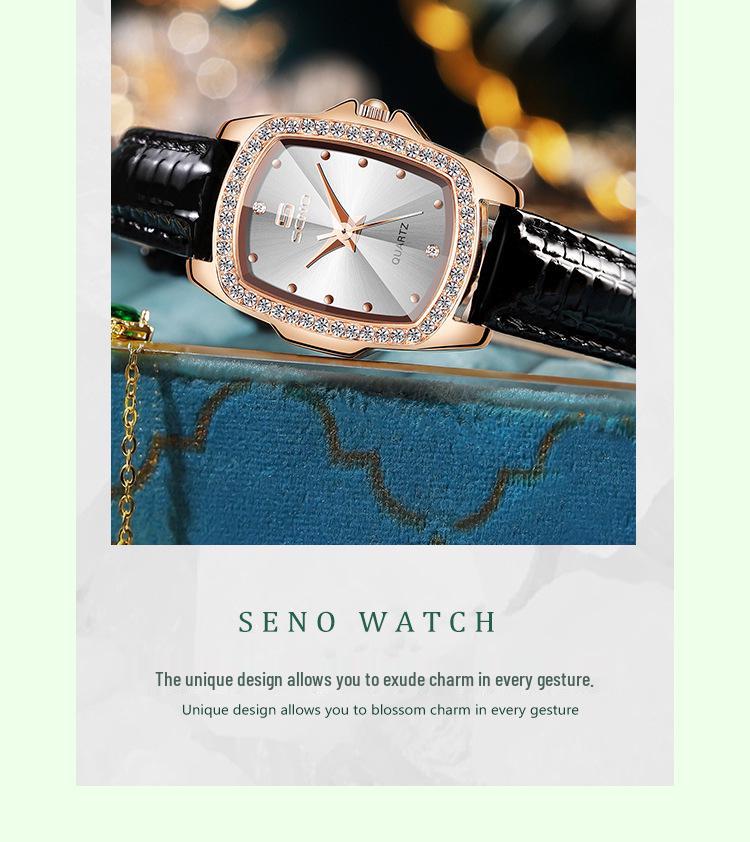Женские часы SENO Retro Square Diamond с кожаным ремешком - Простой дизайн с кварцевым механизмом и бриллиантами.
