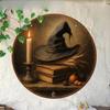 Witch Broom Halloween Sign, Round Aluminum Wall Plaque 20x20cm