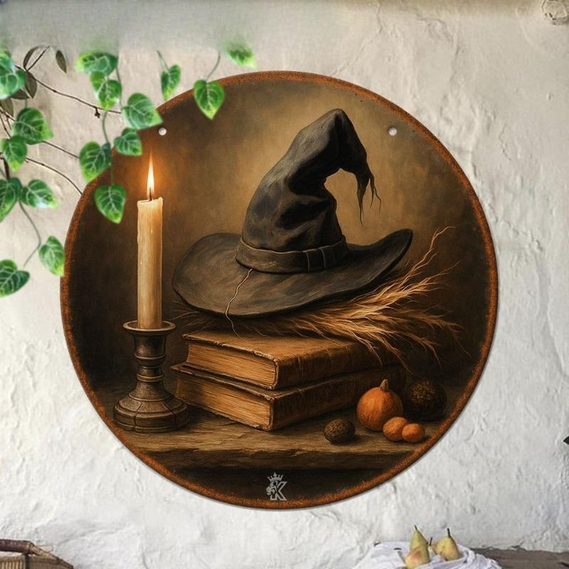 Witch Broom Halloween Sign, Round Aluminum Wall Plaque 20x20cm