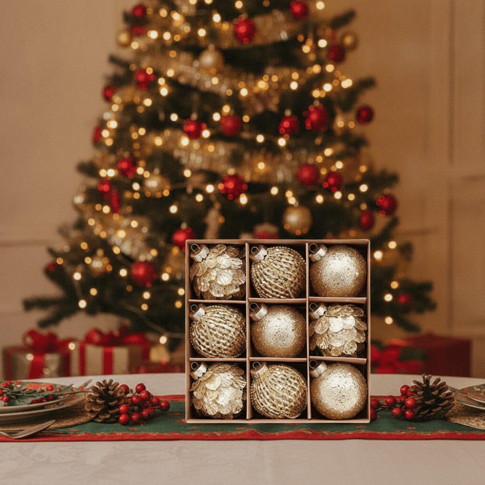 9PCS 8CM Christmas Ball Ornaments Glitter Xmas Spheres Pendant Set New Year