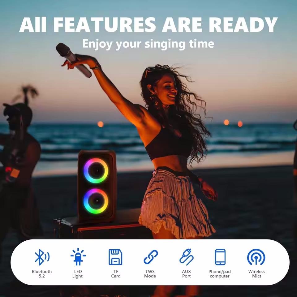 Беспроводная караоке-колонка Bluetooth с сабвуфером, портативная, с микрофоном, радио FM, подсветкой, звуковой коробкой, светодиодной подсветкой, TWS Caixa De Som