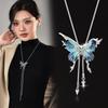 Blue Butterfly Tassel Necklace with Adjustable Drawstring and Interchangeable Wings - Fashion Sweater Chain