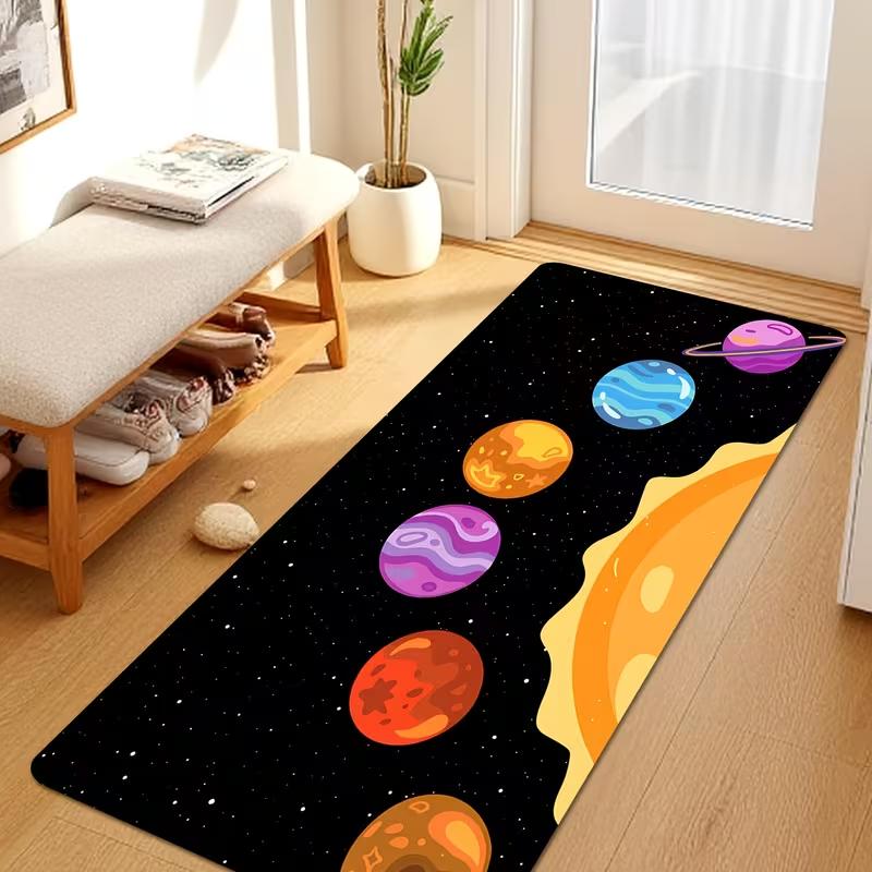 Solar System Galaxy Runner Rug Cute Cartoon Planets Design Soft Non-Slip Floor Mat Space Themed Decor Carpet for Kids Bedroom