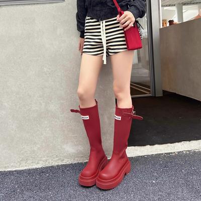 Издание из коровьей кожи~ Уличные 2025 Новые осенне-зимние универсальные ботинки-рыцари с круглым носком на толстой подошве, но ботфорты