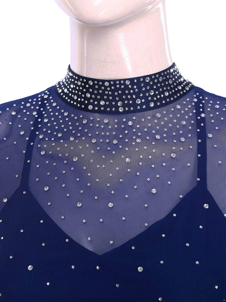 Женский прозрачный сетчатый купальник с воротником-стойкой, рукавами-фонариками, открытой спиной и сверкающими стразами, одежда для танцев