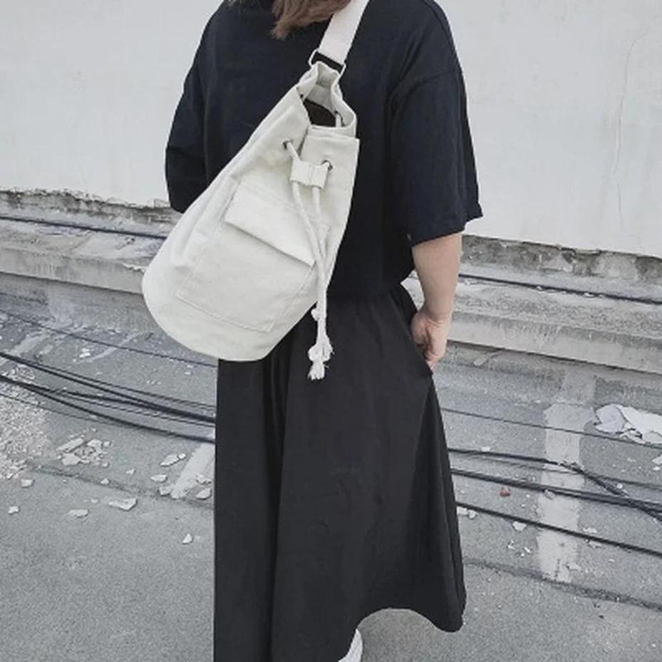 1 Pcs Korean Version Versatile Fashion Simple Solid Color Canvas Drawstring Chain Bucket Travel Women's Shoulder Crossbody Bags