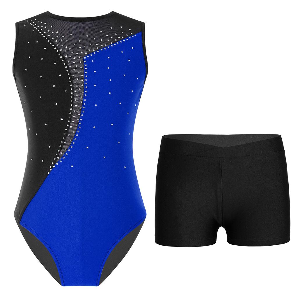 Girls Performance Leotard Sleeveless Round Neck Shiny Rhinestones Contrast Patchwork Design Waistband Shorts Set