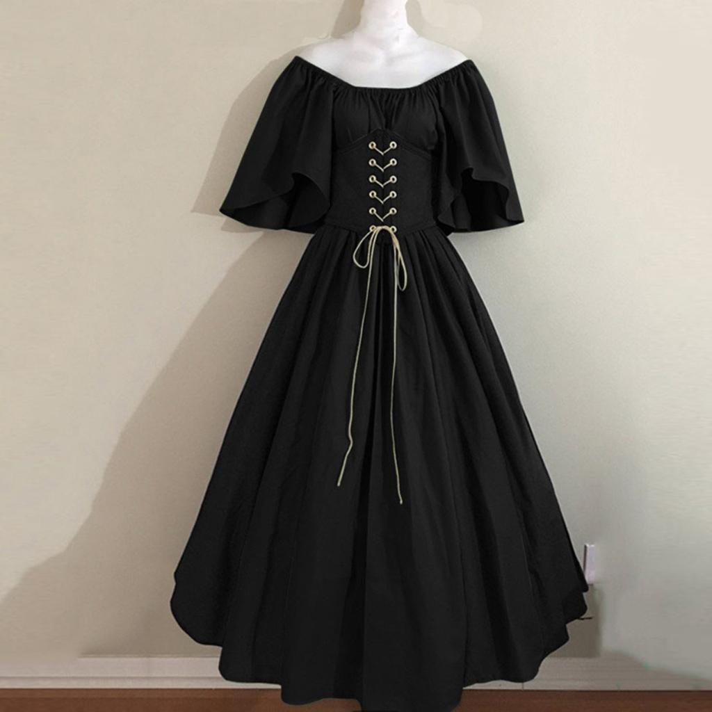 Women's Fashion Retro Solid Color Slim Fit Dress With Flying Sleeves And Large Swing Skirt, Off Shoulder Dress