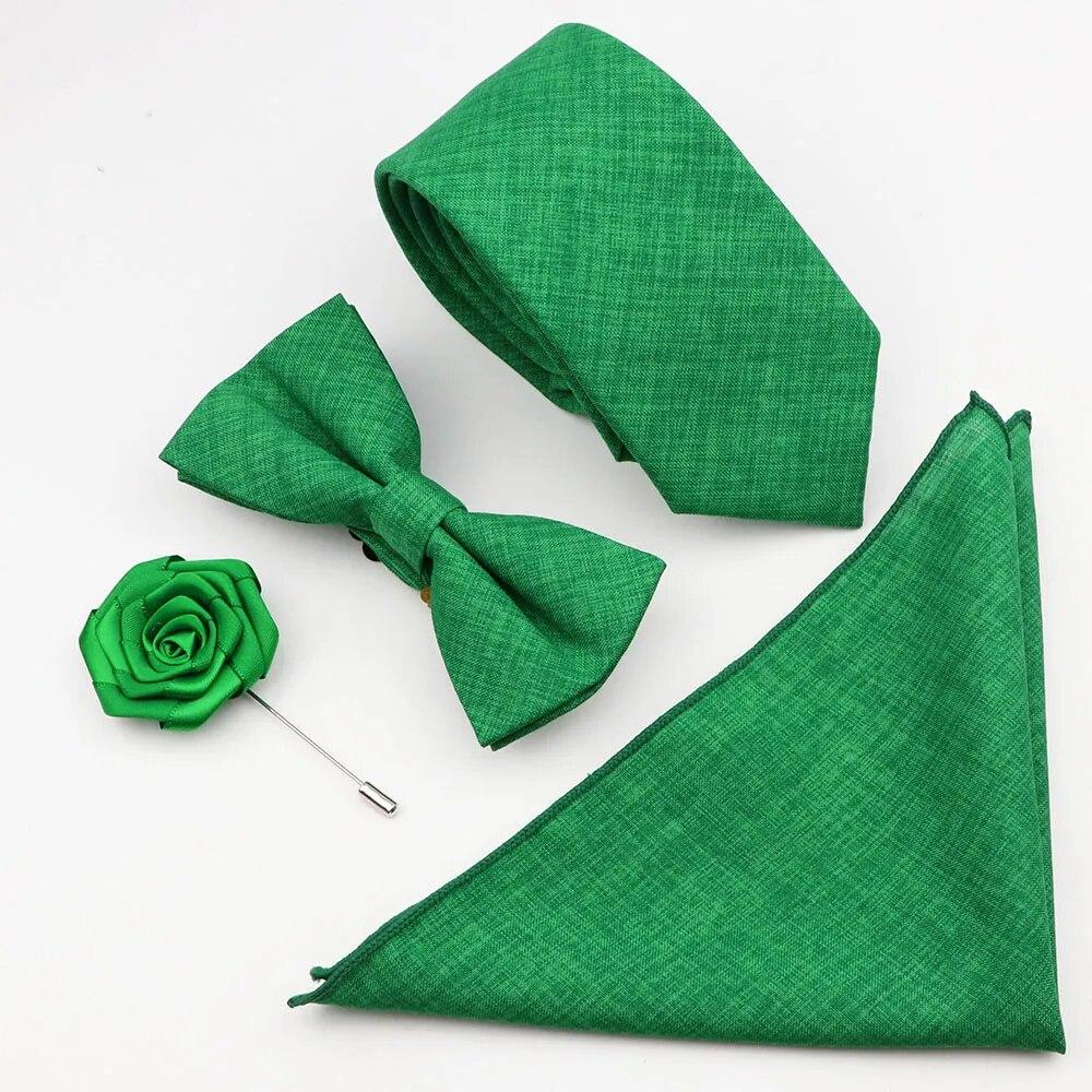 Комплект галстуков из 4 предметов, мужской, шалфейный зеленый, хлопковый галстук-бабочка, брошь-запонка, для костюма жениха, свадьба,